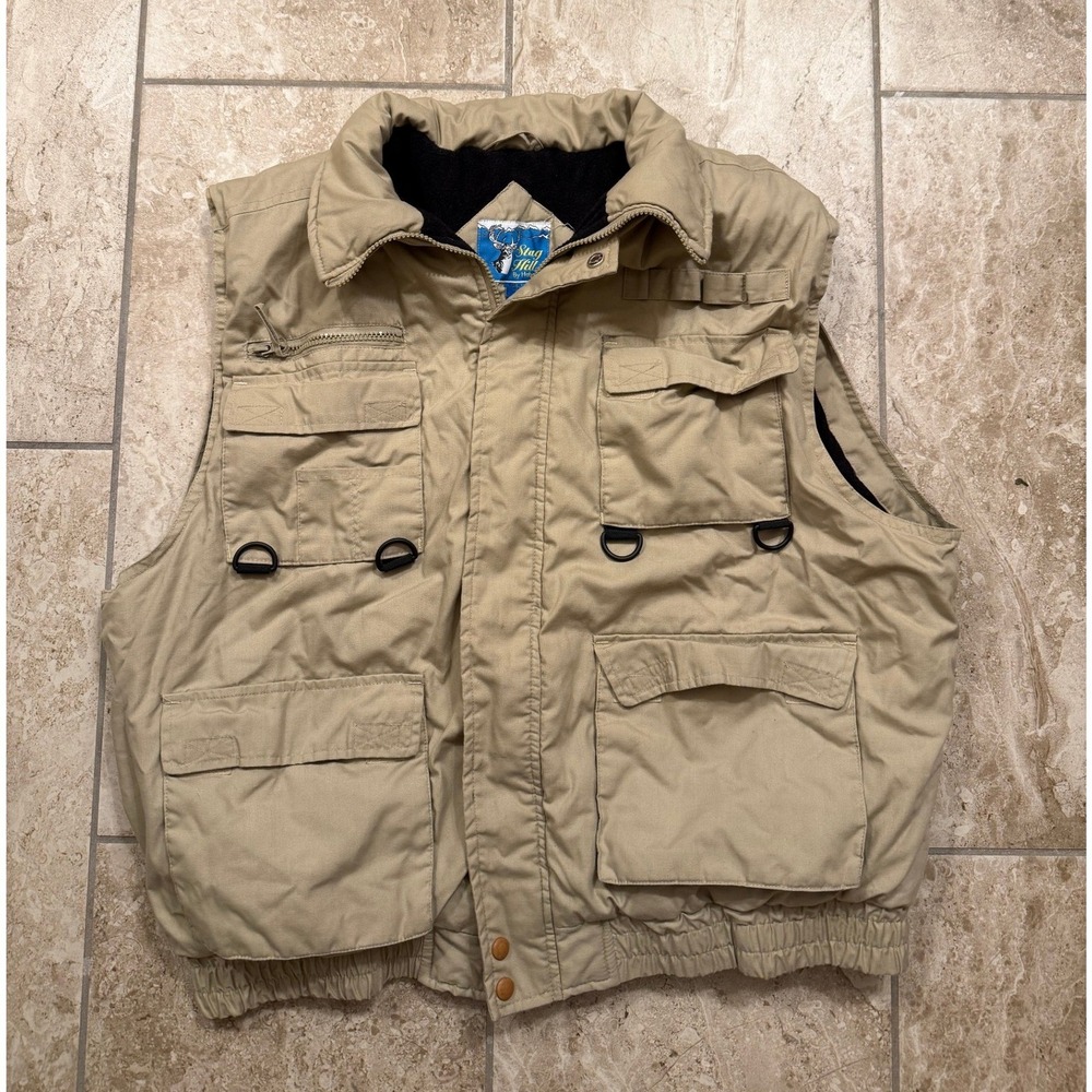 Stag Hill by Haband Mens XL Khaki Utility Fishing Vest Fleece Lined Tan Cargo